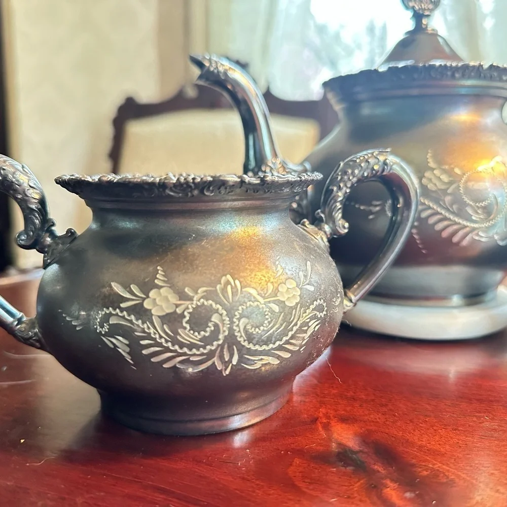 Antique Black Silverplate Tea Set – Teapot, Creamer & Sugar Bowl (EPNS)